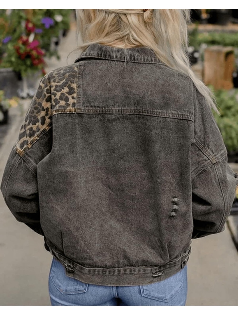 Leopard Patch Distressed Denim Jacket - Women's Black - Picture 3 of 5